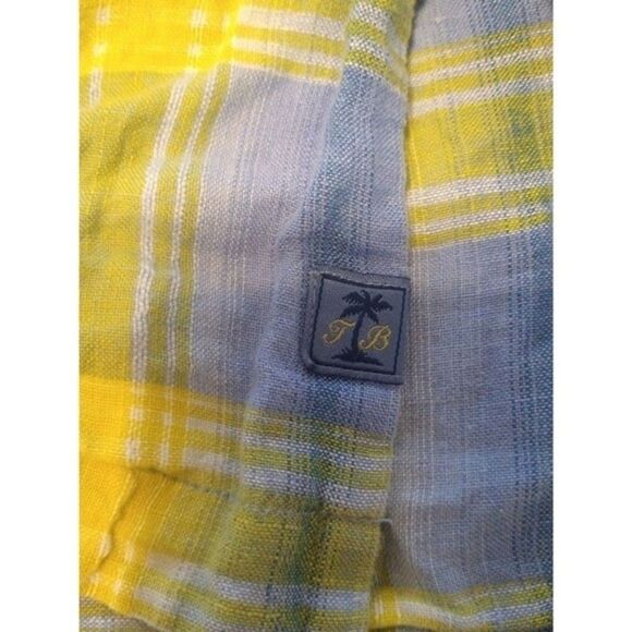 Tommy Bahama plaid 100% linen collared Button Down shirt Large blue & Yellow - Picture 9 of 9